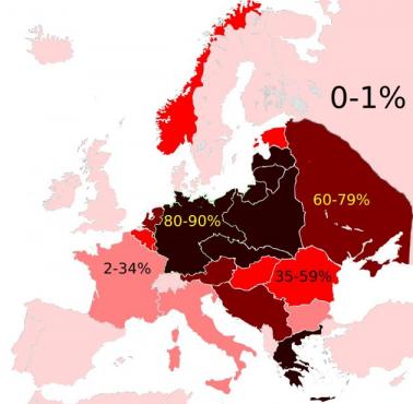 Żydzi w Europie po II wojnie światowej. Straty procentowe w poszczególnych krajach.