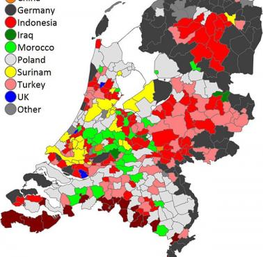 Pochodzenie mniejszości w Holandii z podziałem na gminy.