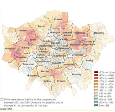 Miejsca w Londynie, gdzie mieszkają bogaci biali mieszkańcy Wysp (dane 2001-2011).