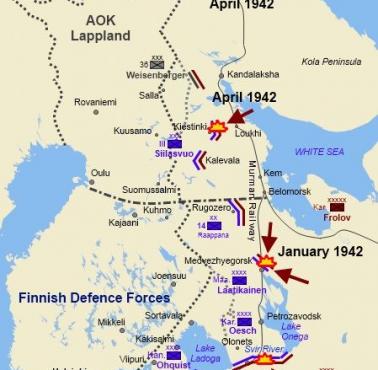 Sytuacja wokół Leningradu w 1942 roku. Kolor czerwony: Rosjanie, niebieski: Finowie, czarny: Niemcy