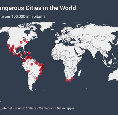 Top 50 miast z największą przestępczością (niebezpiecznych) według wskaźnika morderstw na 100 tys. mieszkańców, 2020
