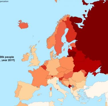 Wskaźniki samobójstw na 100 tys. mieszkańców w Europie, 2019, WHO