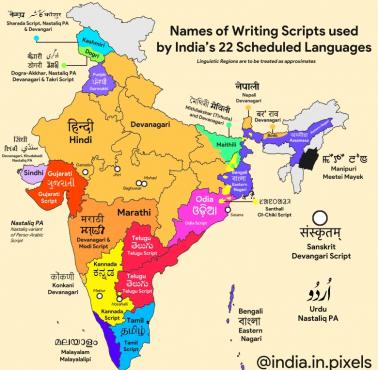 Oficjalne 22 języki Indii (i pisma). W Indiach funkcjonuje łącznie 121 języków, które używa ponad 10 tys. ludzi lub więcej