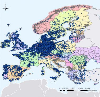 Farmy wiatrowe w Europie (dane 2016)