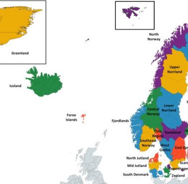 Mapa hipotetycznego państwa Nordyckiego Związku Federalnego (Skandynawia)