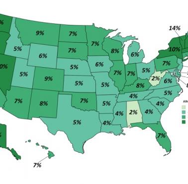 Procent ateistów i agnostyków w poszczególnych stanach USA