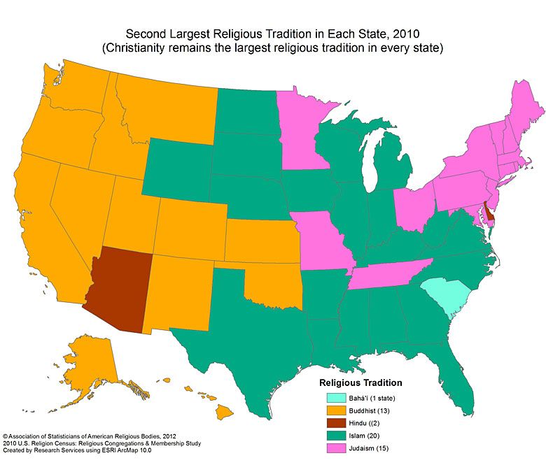 Druga największa pod względem popularności religia w poszczególnych stanach USA, 2010