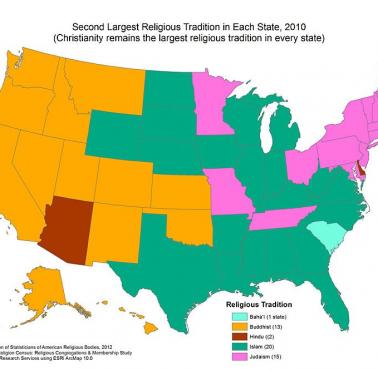 Druga największa pod względem popularności religia w poszczególnych stanach USA, 2010