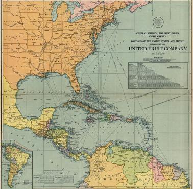 Mapa aktywności handlowej amerykańskiego koncernu United Fruit Company zajmującego się handlem owocami tropikalnymi, 1909
