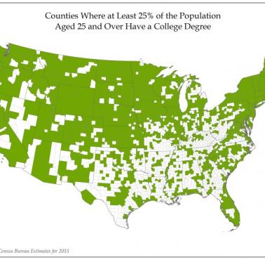 Okręgi w USA, w których co najmniej 25 proc. populacji w wieku 25 lat i więcej posiada stopień naukowy, dane 2015