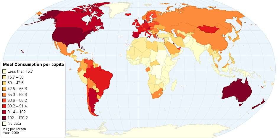 Konsumpcja mięsa w poszczególnych państwach świata (kg na osobę, dane 2009)