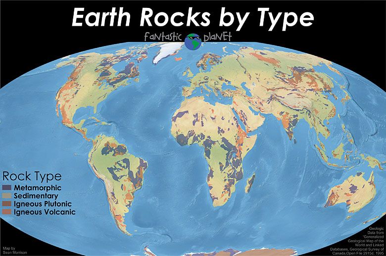 Mapa świata przedstawiająca różne typy skał