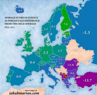 Średni wynik w nauce w poszczególnych krajach Europy w odniesieniu do średniej krajów OECD, dane z 2015 badanie PISA