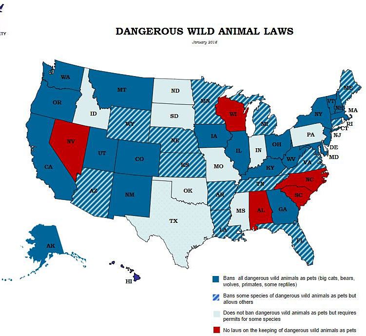 Stosunek prawa do groźnych zwierząt w poszczególnych stanach USA, stan prawny styczeń 2015