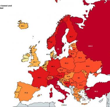 Różnica pomiędzy najniższą i najwyższą temperaturą zarejestrowaną w krajach Europy (°C)