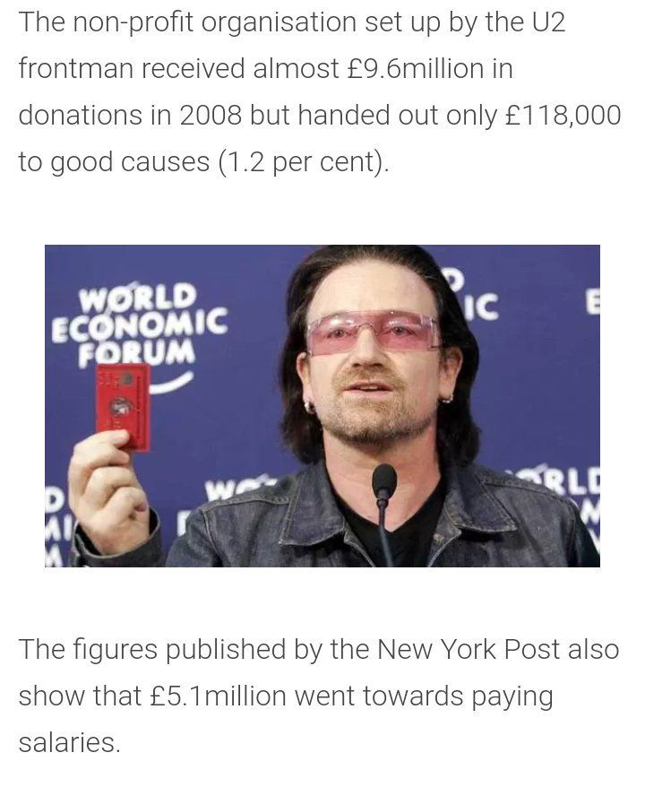 Bono z 9 milionów wpłat na fundację One, ponad 5 milionów wydał na pensje