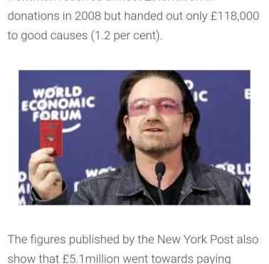 Bono z 9 milionów wpłat na fundację One, ponad 5 milionów wydał na pensje
