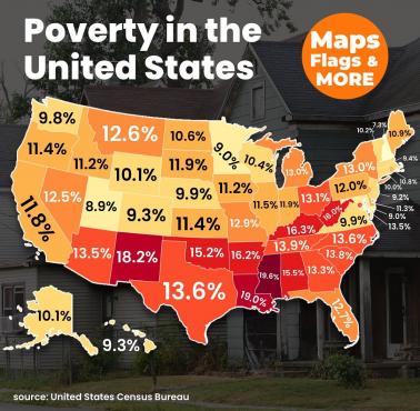 Poziom ubóstwo w USA z podziałem na stany