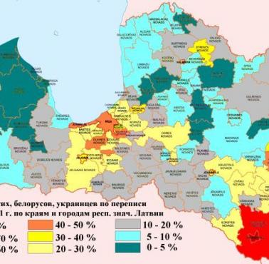 Udział Rosjan, Białorusinów i Ukraińców na Łotwie według spisu ludności w 2011 roku