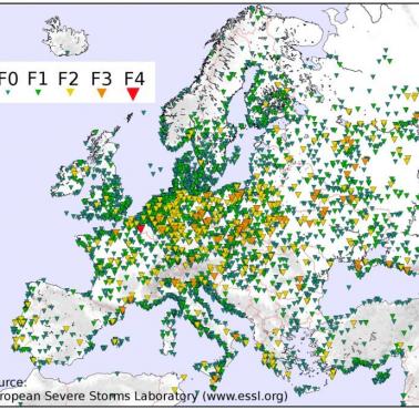 Obszary występowania tornad w Europie, 2000-2012