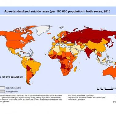 Wskaźniki samobójstw w uśrednionej skali dla obu płci w poszczególnych państwach świata (na 100 tys. mieszkańców), 2015