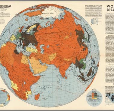 Mapa geopolityczna Halforda Johna Mackindera z podziałem na heartland i rimland, podczas II wojny światowej - scenariusz 1943