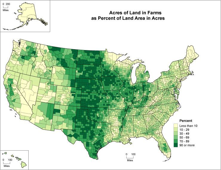 Rolnictwo jako odsetek całkowitej powierzchni gruntów uprawnych w USA