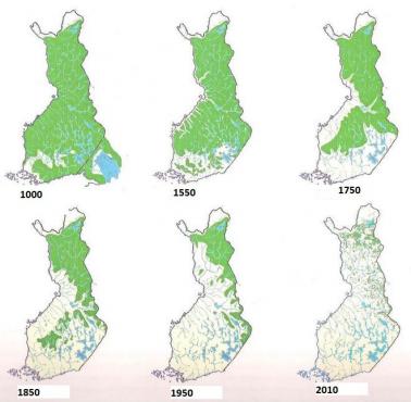 Starodrzew (lasy) w Finlandii od 1000, 1550, 1750, 1850, 1950 do 2010 roku