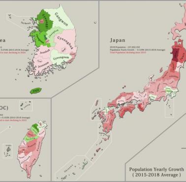 Populacja Japonii, Korei Pd, Tajwanu w latach 2015-2018
