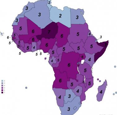 Średnia liczba dzieci na jedną kobietę w poszczególnych państwach Afryki