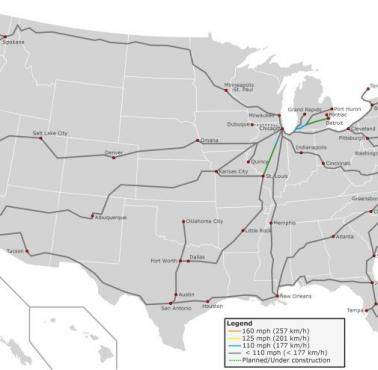 Mapa kolei dużych prędkości w USA