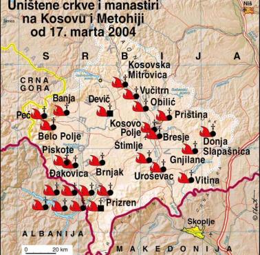 Mapa zniszczonych kościołów, cerkwi, klasztorów chrześcijańskich w Kosowie od 2004 roku