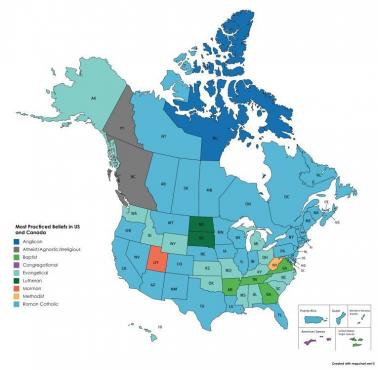 Dominująca religia w poszczególnych stanach USA i regionach Kanady