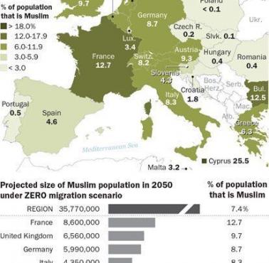 Prognozy wzrostu populacji muzułmańskiej w Europie do roku 2050 w wariancie imigracji zerowej