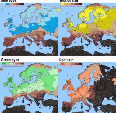 Niebiesko-zielony kolor oczu i blond/rude włosy w całej Europie