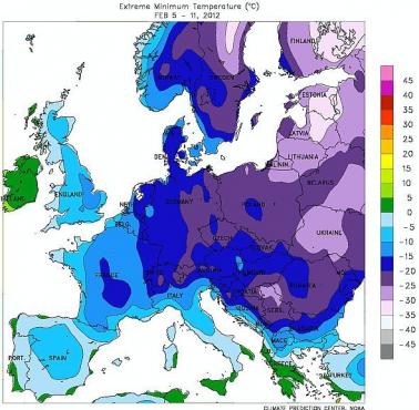 Najniższe odnotowane temperatury w Europie, dane z początku 2012 roku