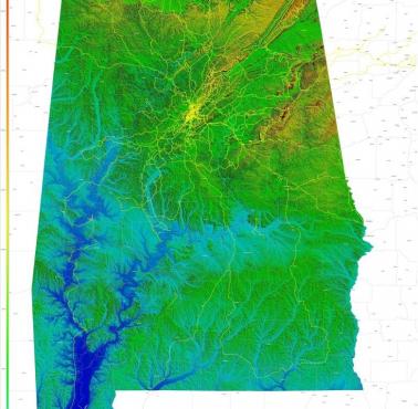Topograficzna mapa stanu Alabama