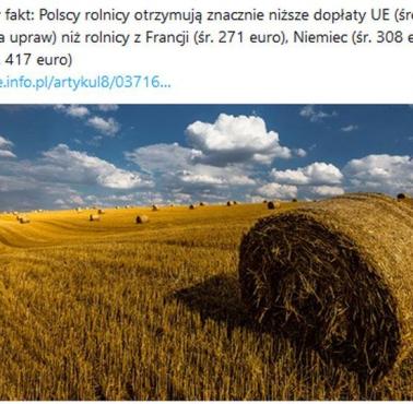 EU, Polscy rolnicy otrzymują znacznie niższe dopłaty UE (średnio 207 euro)  niż rolnicy z Francji (śr. 271 euro), Niemiec ....