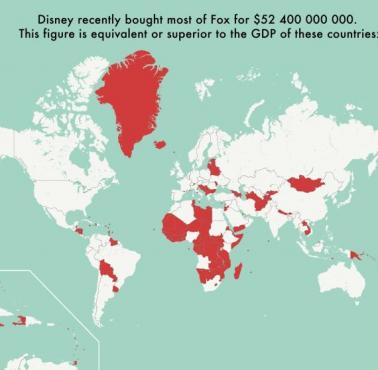 Disney kupił 21st Century Fox za 52 miliardy dolarów, czyli za kwotę większą niż w sumie PKB zaznaczonych na czerwono krajów