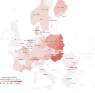 Regiony w poszczególnych krajach EU, w których najwięcej osób głosuje na partie sprzeciwiające się emigracji z państw islamskich