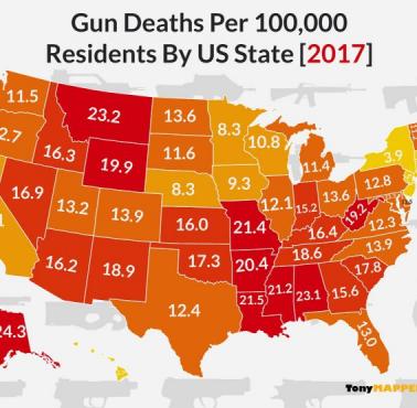 Liczba zabójstw z broni palnej na 100 tys. mieszkańców w poszczególnych stanach USA, 2017