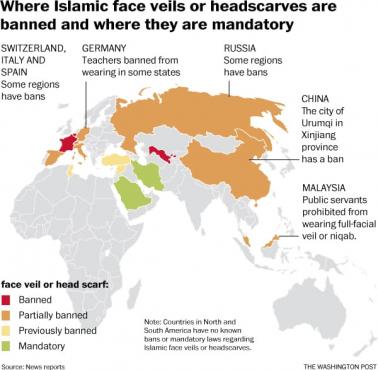 Miejsca, w których islamskie zasłony (hidżab) na twarz są zakazane