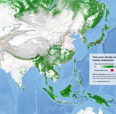 Gęstość pokrycia drzew i osiedli ludzkich w południowej, wschodniej i południowo-wschodniej Azji