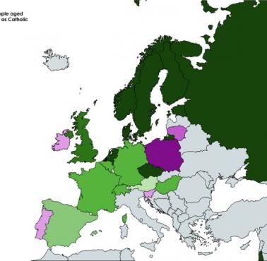 Odsetek 16-29-letnich Europejczyków, którzy identyfikują się jako katolicy