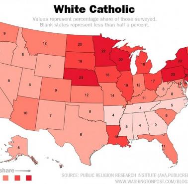 Procent białych katolików według stanów USA