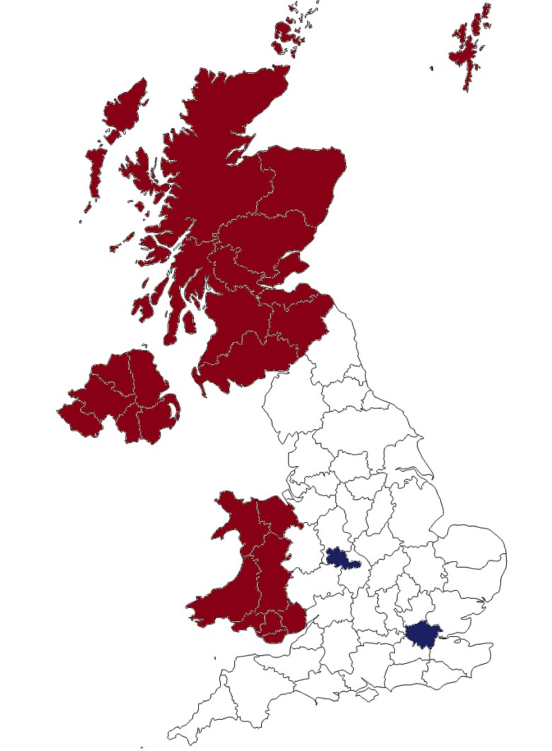Więcej ludzi mieszka w obszarach zaznaczonych na niebiesko niż na czerwono, Wyspy Brytyjskie