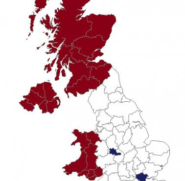 Więcej ludzi mieszka w obszarach zaznaczonych na niebiesko niż na czerwono, Wyspy Brytyjskie