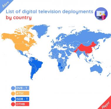 Standardy transmisji cyfrowej telewizji na świecie z rodzajem użytej technologii