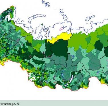 Procentowy udział lasów w regionach Federacji Rosyjskiej