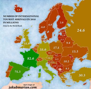 Liczba turystów w Europie w milionach, 2016
